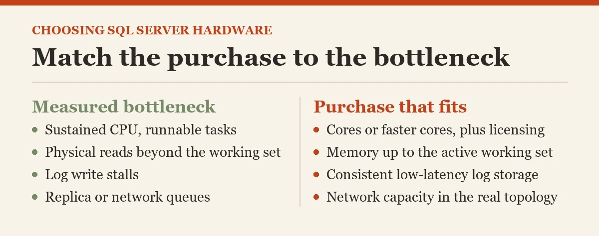 Match the purchase to the bottleneck: a diagram about the choosing hardware for SQL Server