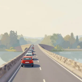 A wide new road ending at an old one-lane stone bridge, cars queued at the bridge and the road behind empty.