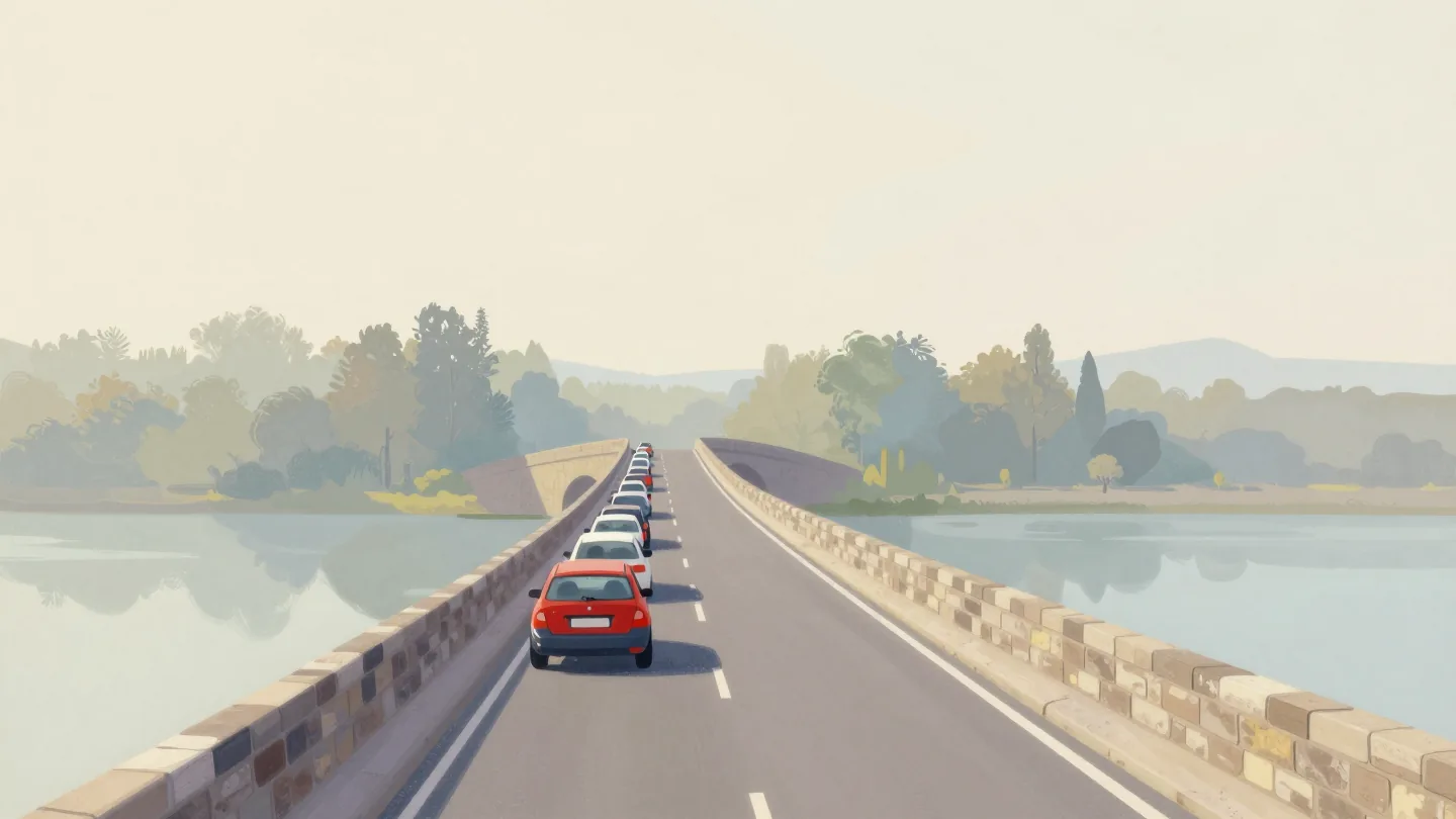 A wide new road ending at an old one-lane stone bridge, cars queued at the bridge and the road behind empty.