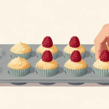 A hand topping cupcakes with red raspberries, the last cupcake left plain on the tray.