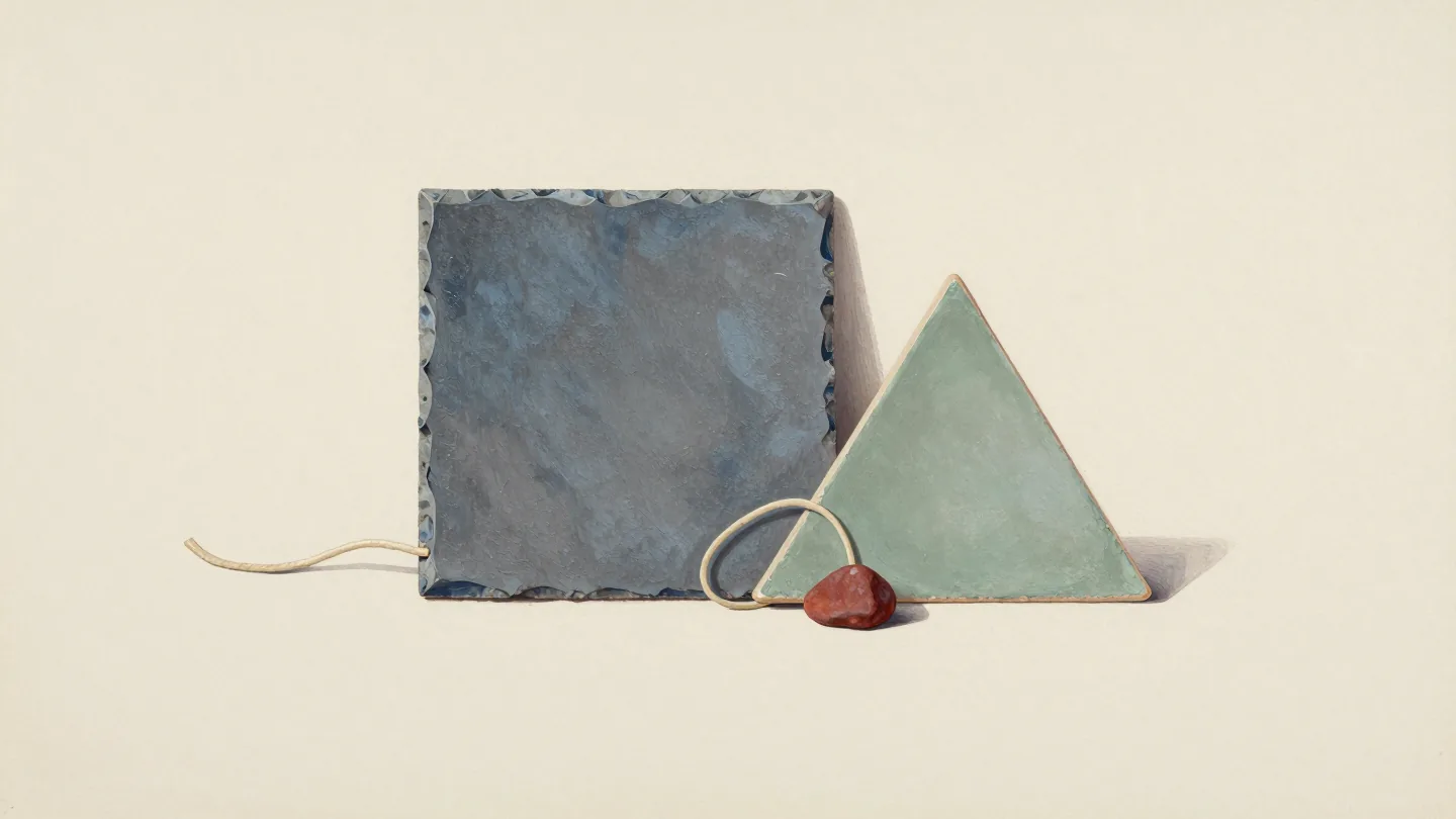 A solid slate-colored rectangular tile beside a sage triangular tile, a loose cream cord and a red pebble.