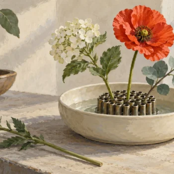 Flower frog holding selected stems while an unused stem remains outside the vase
