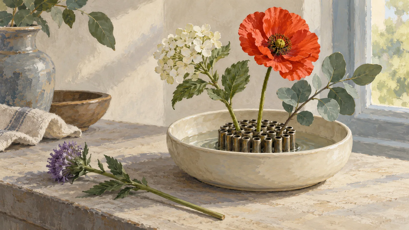 Flower frog holding selected stems while an unused stem remains outside the vase