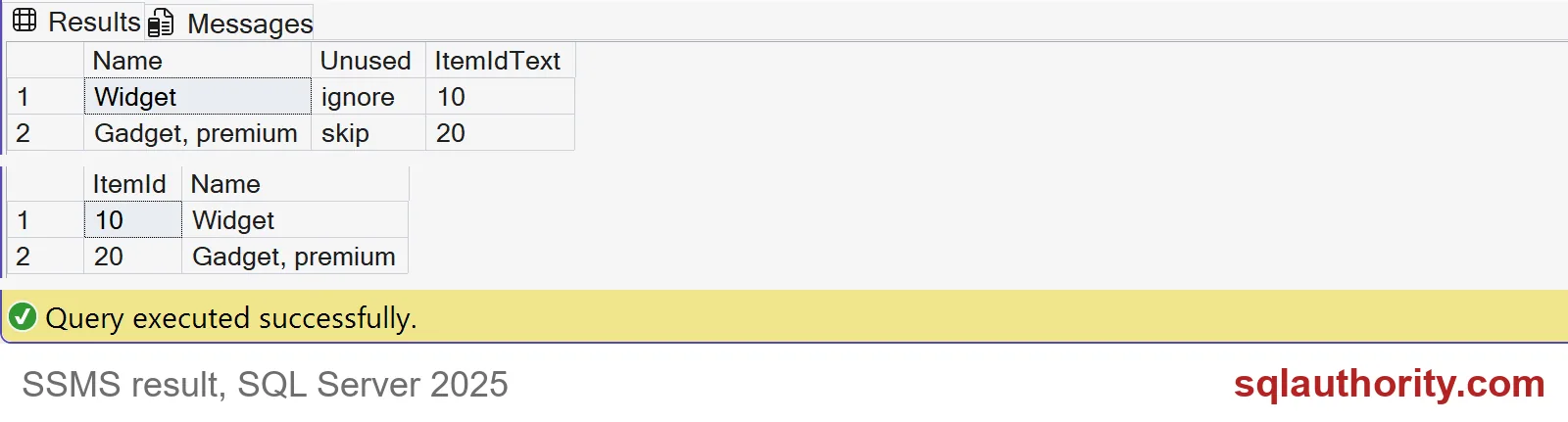 SSMS results showing CSV source columns mapped to item IDs and names