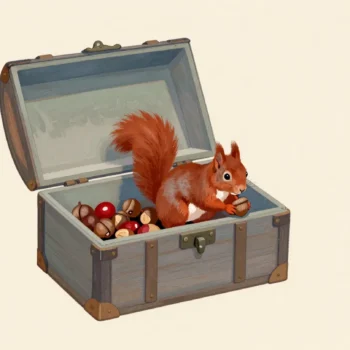 A red squirrel moving the last acorn from one of two tree hollows into the other, now full