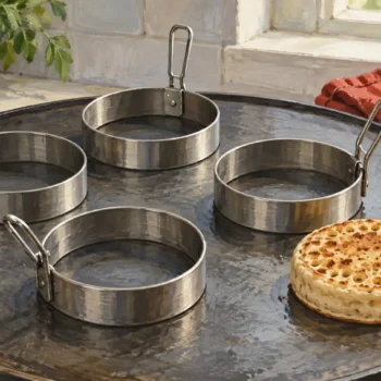 Identical crumpet rings fill a griddle with their handles pointing in different directions