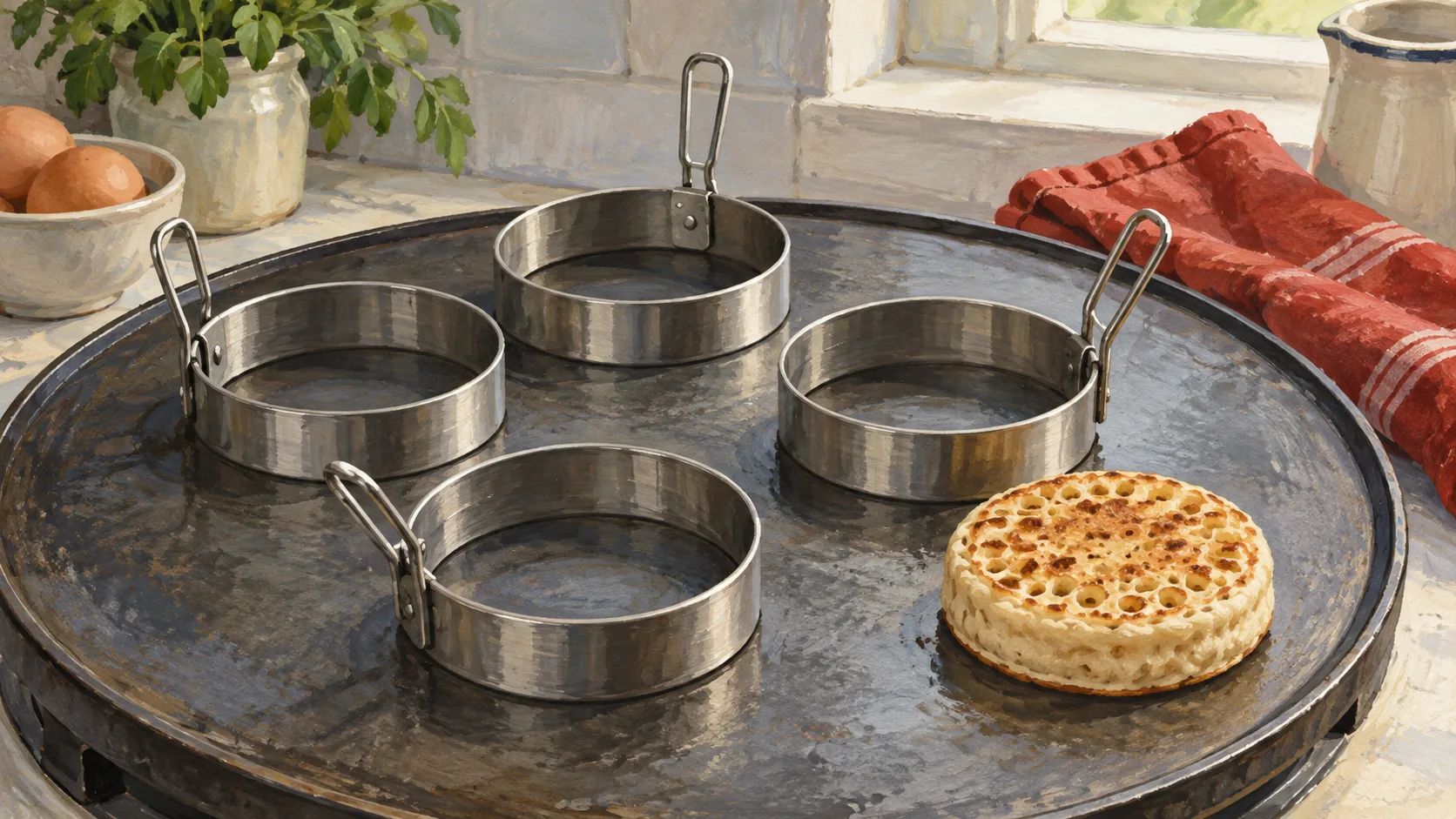 Identical crumpet rings fill a griddle with their handles pointing in different directions