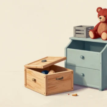 An overflowing toy box beside a larger empty toy chest and a few small crates in a child's room.