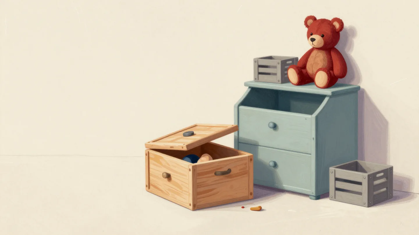 An overflowing toy box beside a larger empty toy chest and a few small crates in a child's room.