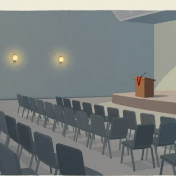 Gouache painting: a wide conference hall at dusk with rows of empty chairs facing a small stage with a single lectern, warm lights, one vermilion lanyard draped on the lectern