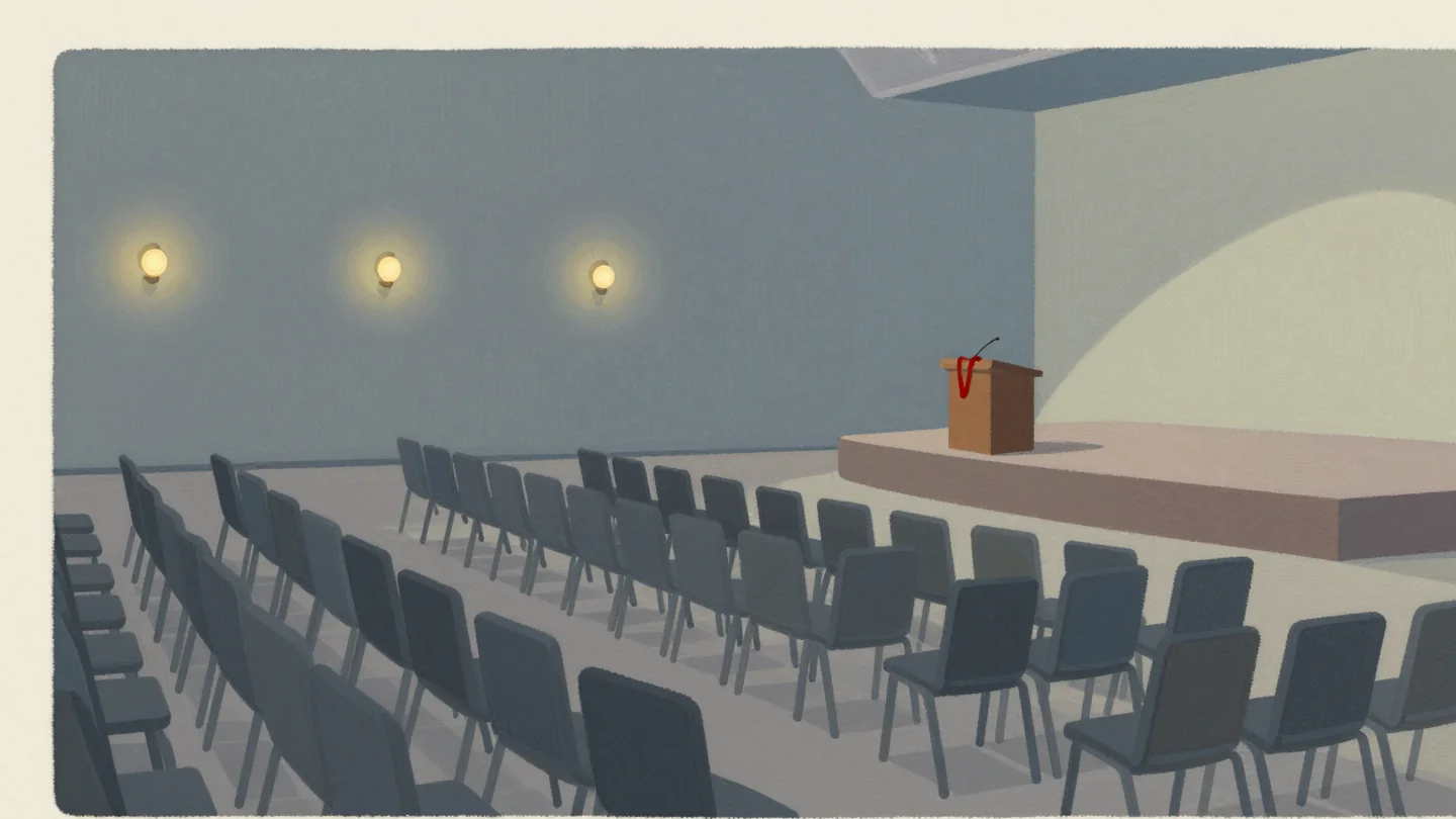 Gouache painting: a wide conference hall at dusk with rows of empty chairs facing a small stage with a single lectern, warm lights, one vermilion lanyard draped on the lectern