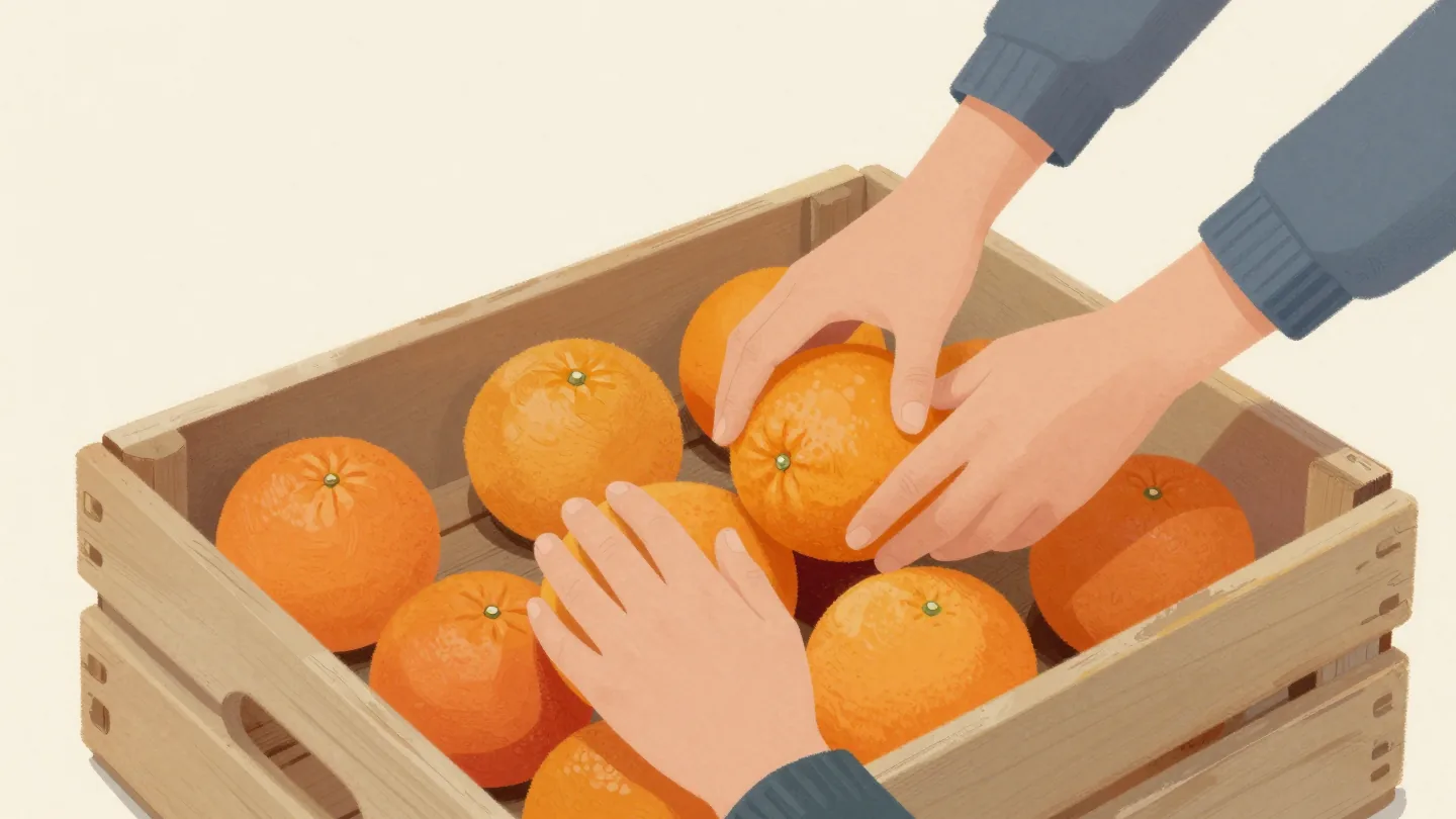Several hands reaching into a crate of oranges, each taking a different one, one hand passing over a held orange.