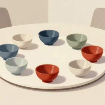 A lazy susan with seven colored bowls, including a red one, around a ring.