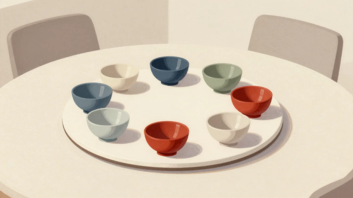 A lazy susan with seven colored bowls, including a red one, around a ring.