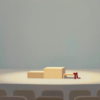 Gouache painting: a small wooden podium on a stage with a child-sized step stool beside it, soft spotlight, rows of empty chairs in front, one vermilion ribbon tied to the stool