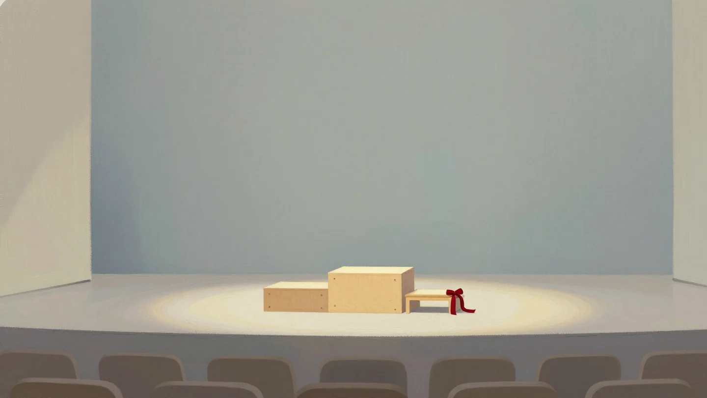 Gouache painting: a small wooden podium on a stage with a child-sized step stool beside it, soft spotlight, rows of empty chairs in front, one vermilion ribbon tied to the stool