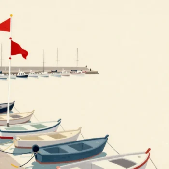 A hand raising a single vermilion pennant on a flagpole above a harbor full of moored boats.