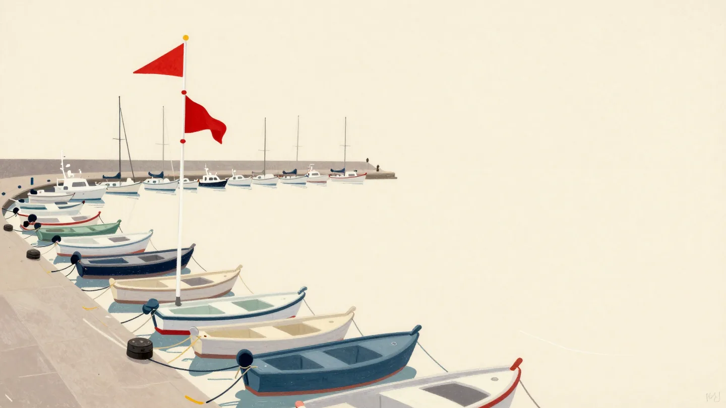 A hand raising a single vermilion pennant on a flagpole above a harbor full of moored boats.