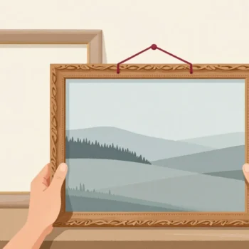 Two hands set a landscape painting into a new wooden frame, the old frame leaning empty.