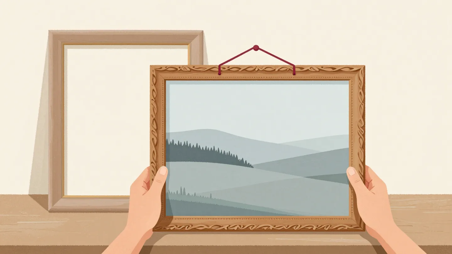 Two hands set a landscape painting into a new wooden frame, the old frame leaning empty.