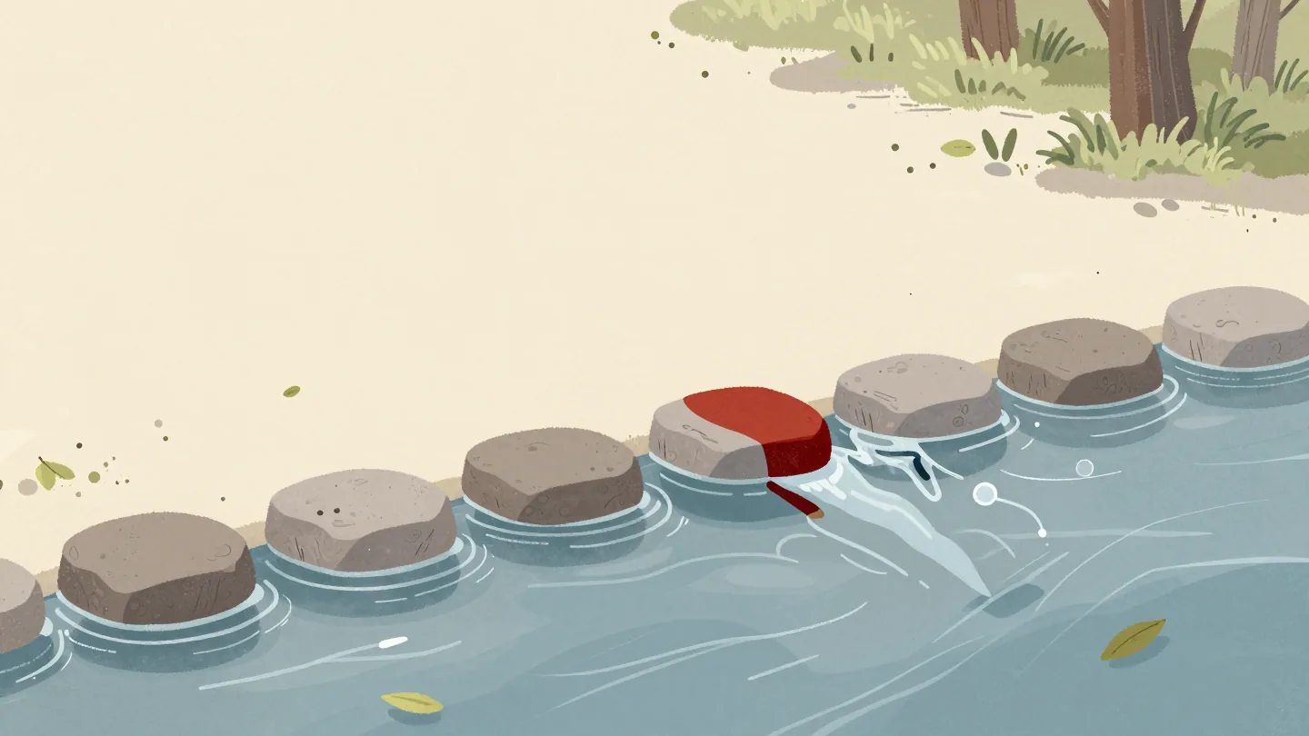 Stepping stones crossing a stream, one missing near the far bank leaving a gap too wide to step across.