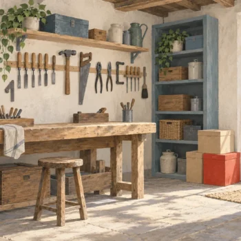 Gouache painting of a tidy wooden workshop after spring cleaning, with closed boxes by the door, one vermilion, and a broom.