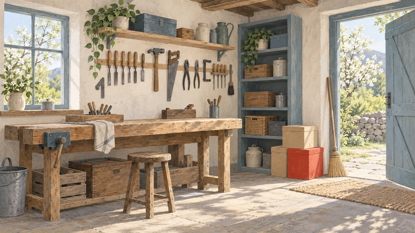 Gouache painting of a tidy wooden workshop after spring cleaning, with closed boxes by the door, one vermilion, and a broom.