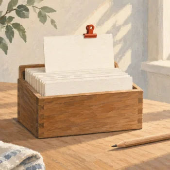 Gouache painting of a wooden card box full of blank index cards with a pencil, one card standing up in a vermilion clip.