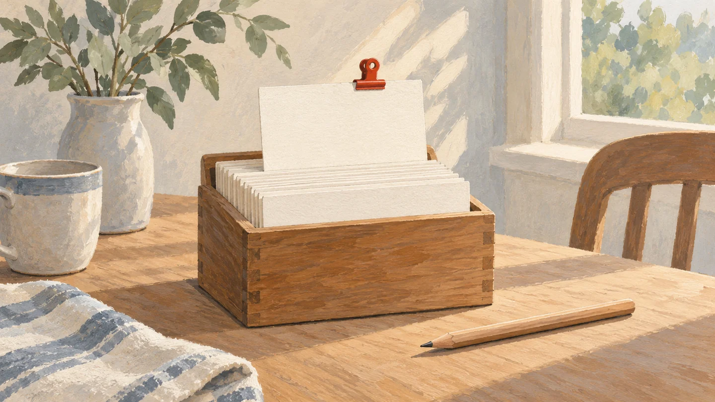 Gouache painting of a wooden card box full of blank index cards with a pencil, one card standing up in a vermilion clip.
