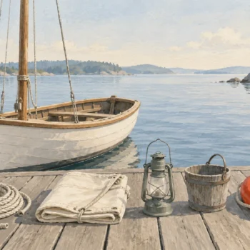 Gouache painting of a small sailboat at a dock with gear laid out in a row, rope, sail, lantern, bucket and a vermilion life ring.