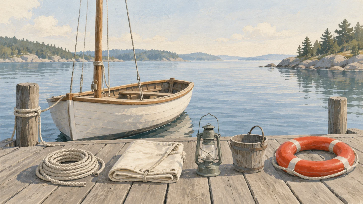 Gouache painting of a small sailboat at a dock with gear laid out in a row, rope, sail, lantern, bucket and a vermilion life ring.