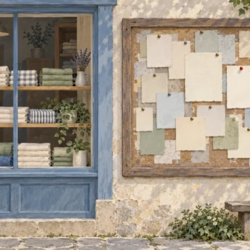 Gouache painting of a tidy shop window beside a community board full of blank pinned notes, with one vermilion pin.