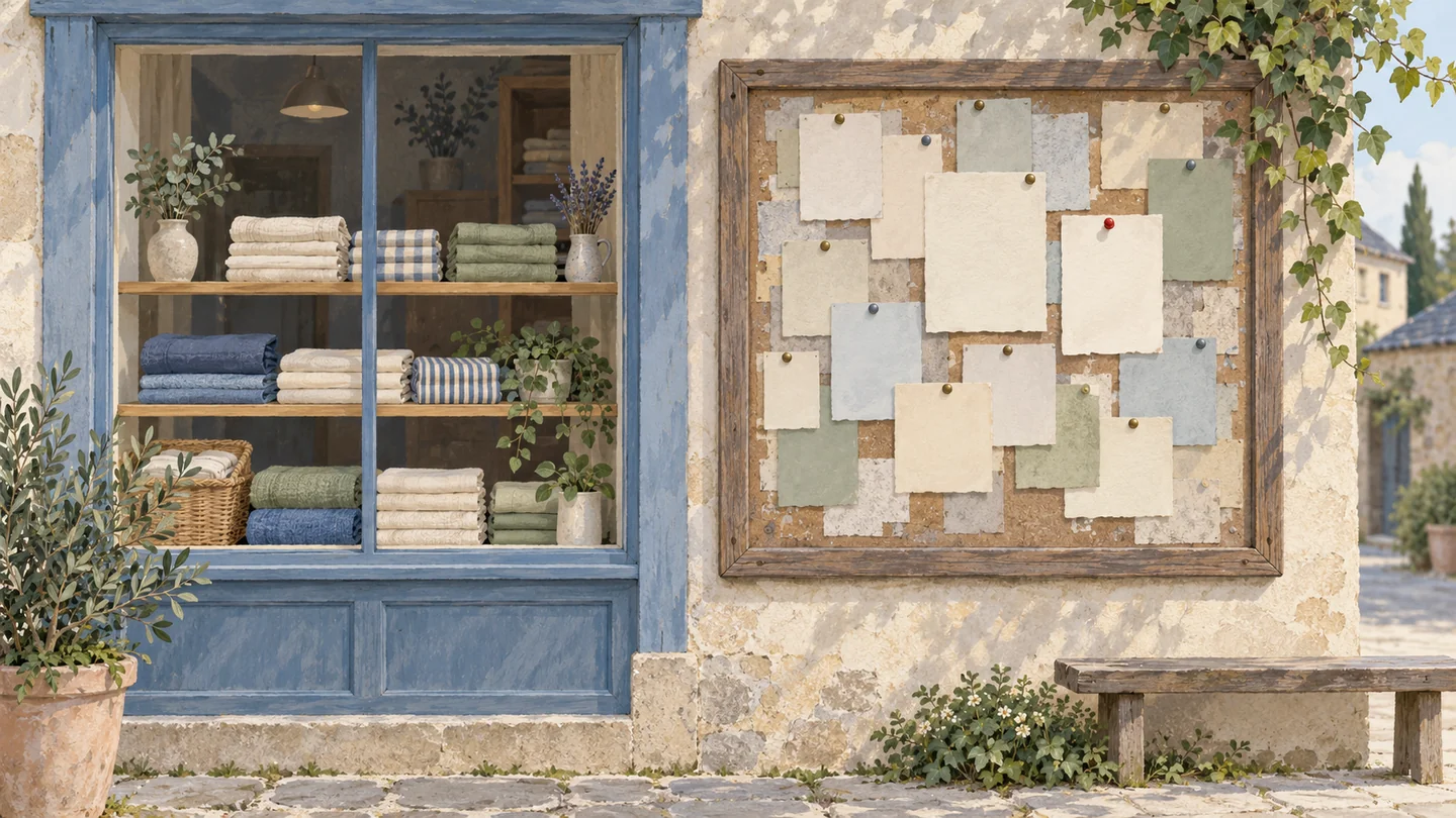 Gouache painting of a tidy shop window beside a community board full of blank pinned notes, with one vermilion pin.