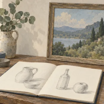 Gouache painting of an artist table with an open sketchbook and a framed painting carrying a blank tag tied with vermilion string.