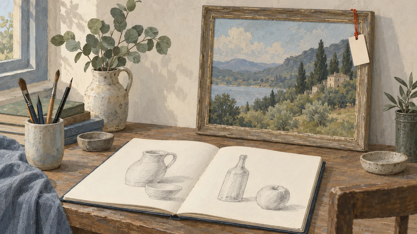 Gouache painting of an artist table with an open sketchbook and a framed painting carrying a blank tag tied with vermilion string.