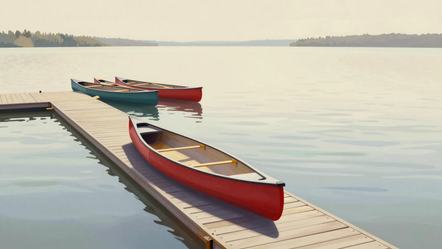 An almost empty canoe rack on a dock with one red canoe left, while unreturned canoes sit on the far shore