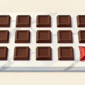 Dark chocolate squares in an even grid on marble, one wrapped in red