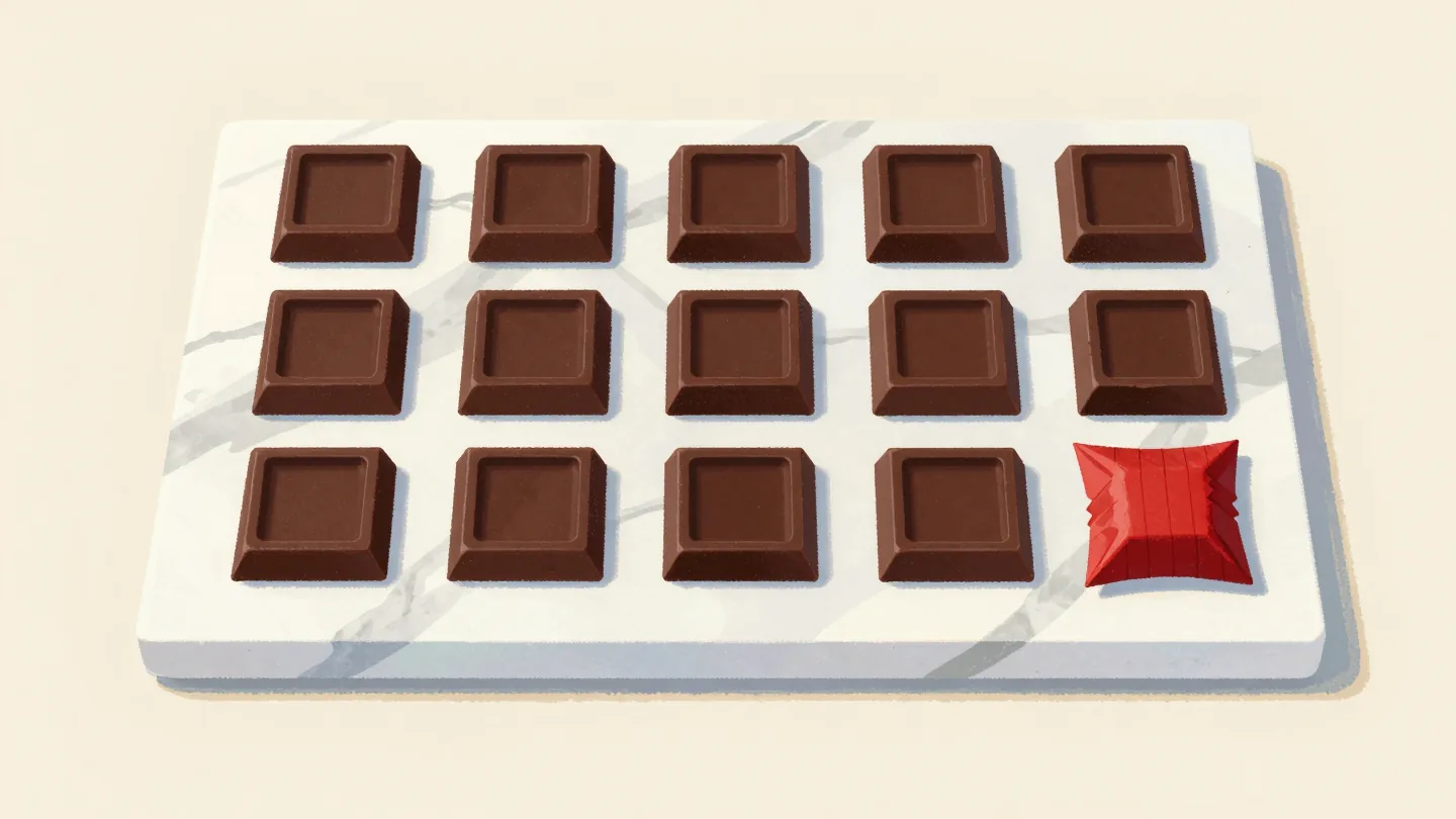 Dark chocolate squares in an even grid on marble, one wrapped in red