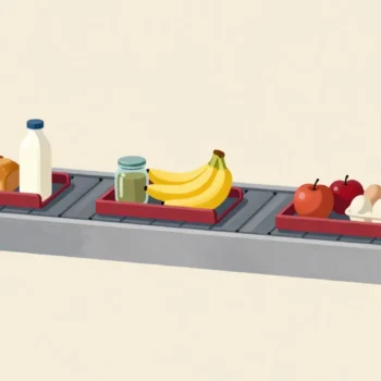 A checkout belt with three groups of groceries split by red divider bars