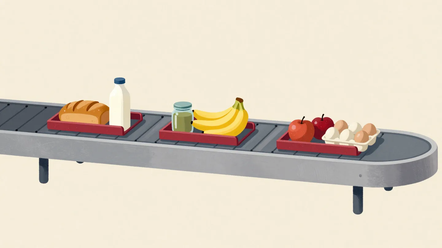 A checkout belt with three groups of groceries split by red divider bars