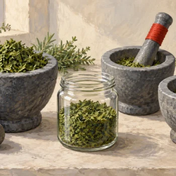 Several mortar and pestle sets divide one herb batch beside a crowded single mortar