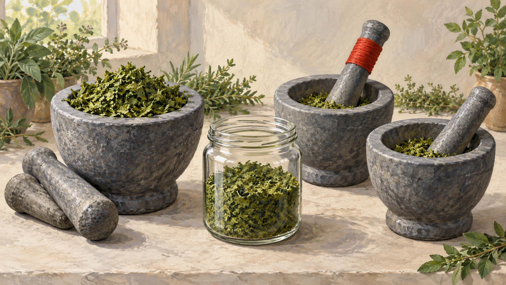 Several mortar and pestle sets divide one herb batch beside a crowded single mortar