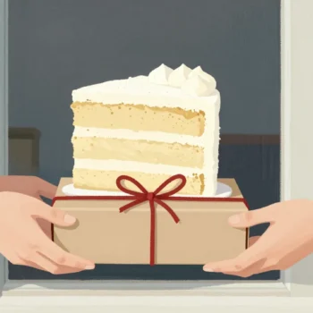 Hands passing a tied bakery box with a window across a doorstep, the layered cake inside still neat.