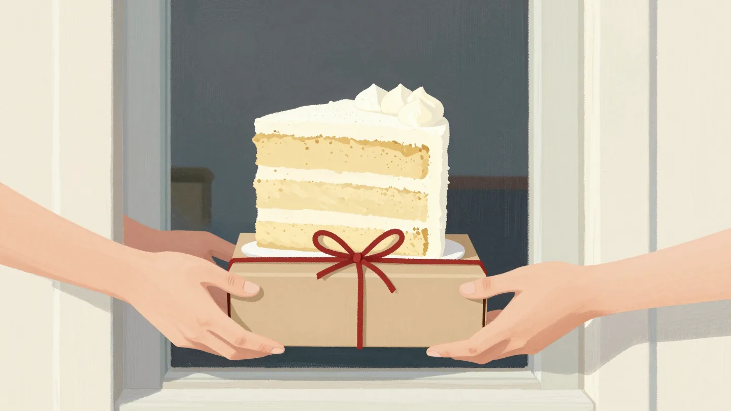 Hands passing a tied bakery box with a window across a doorstep, the layered cake inside still neat.
