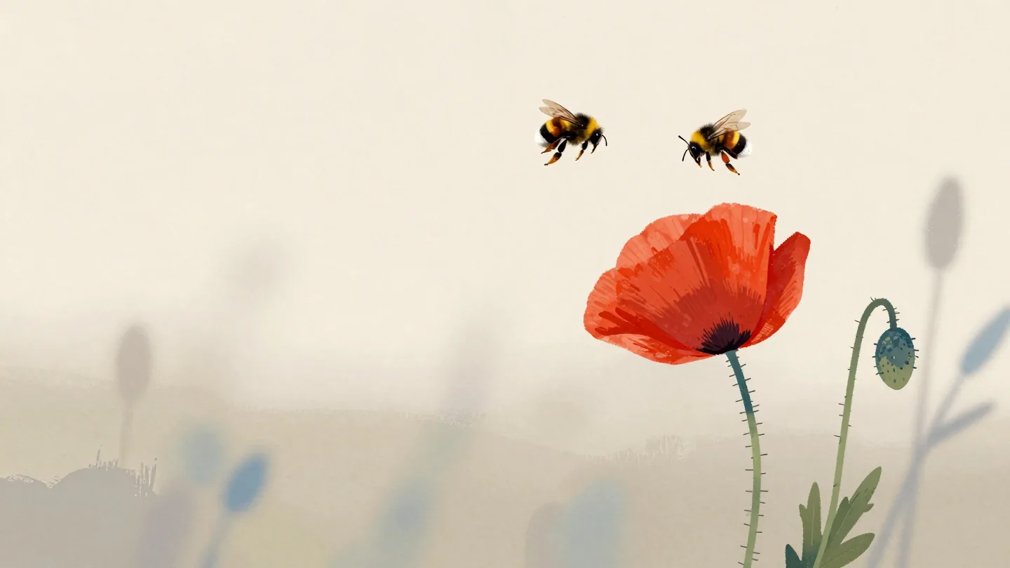 Two bumblebees at one red poppy, one landed and the other veering away.