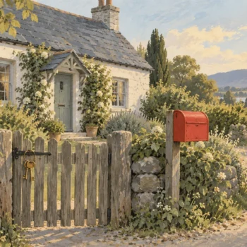 Gouache painting of a small cottage with its own garden gate, brass keys on the latch and a vermilion mailbox.