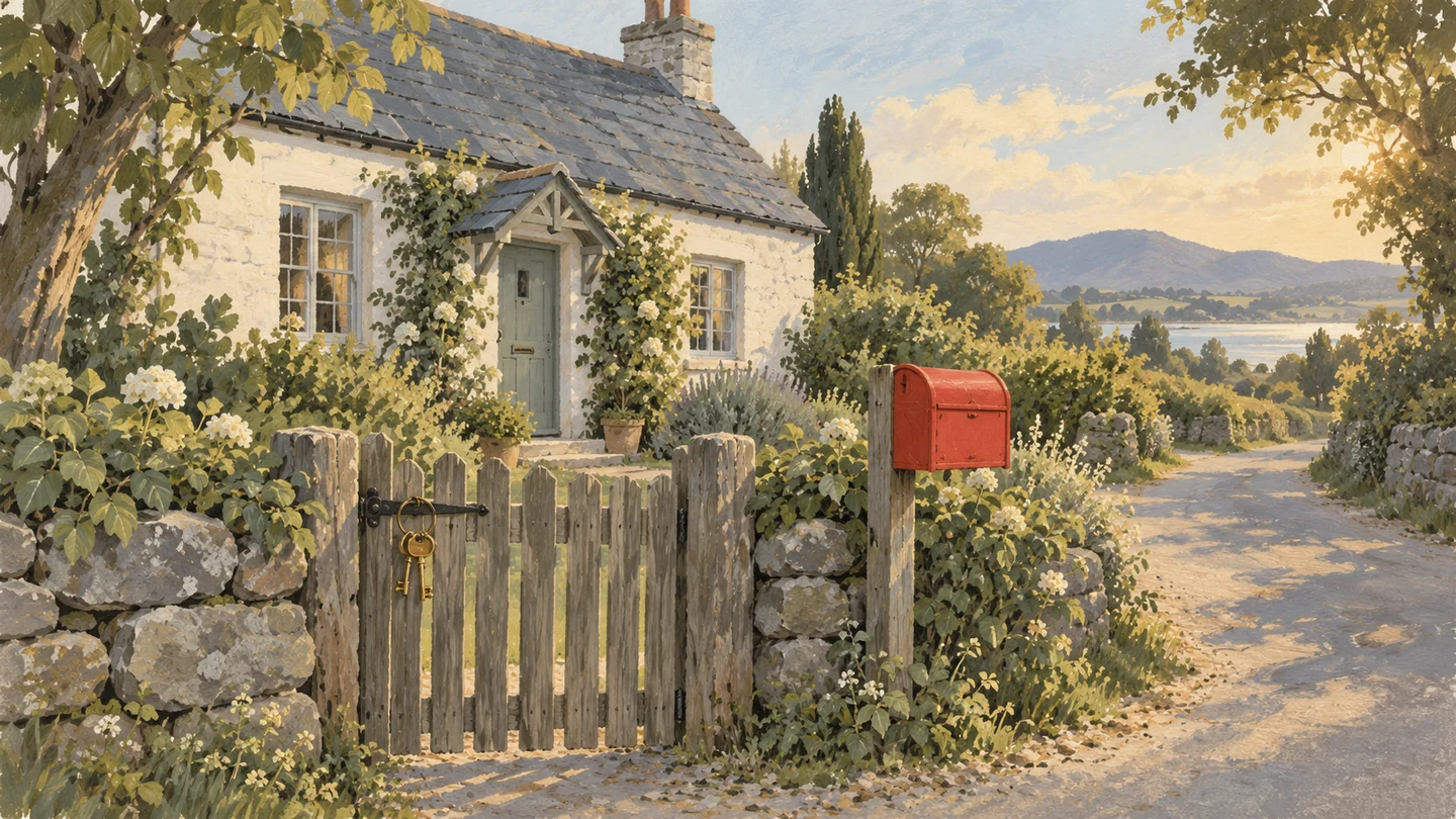 Gouache painting of a small cottage with its own garden gate, brass keys on the latch and a vermilion mailbox.