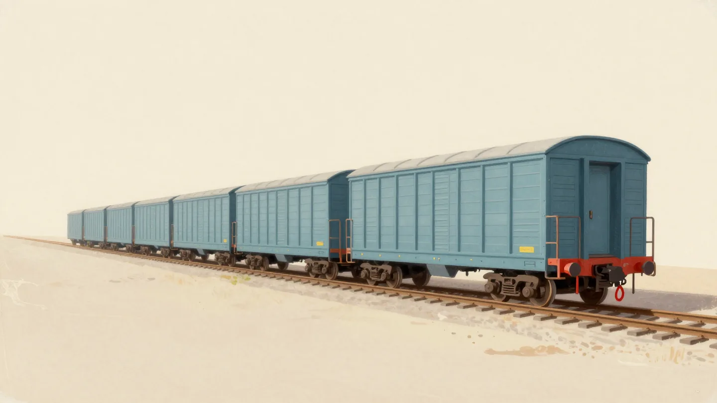 A goods train on one track with its oldest wagon uncoupled and rolling onto a side track
