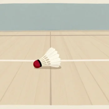 A shuttlecock resting exactly on a court's boundary line, two rackets lying still on either side of the net.