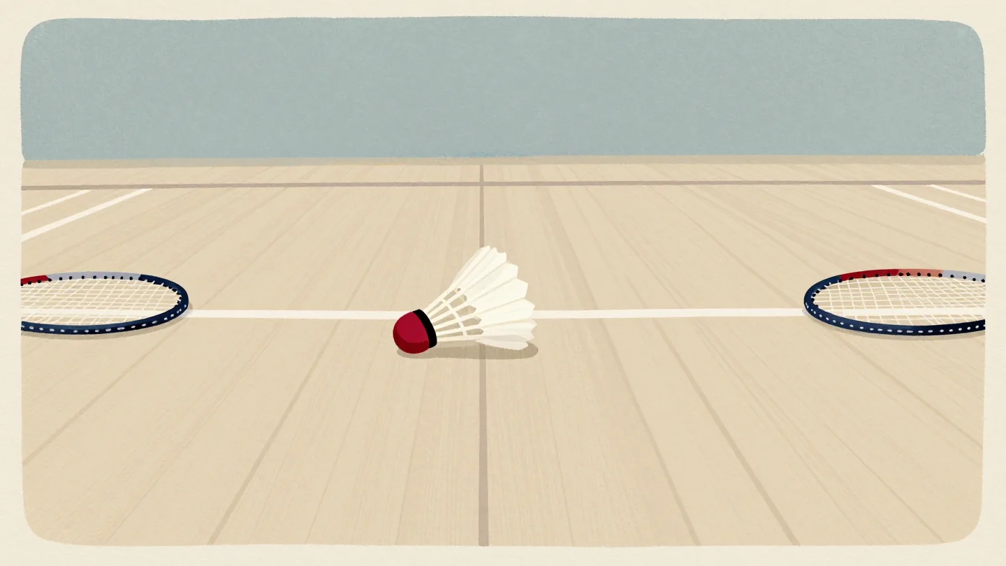 A shuttlecock resting exactly on a court's boundary line, two rackets lying still on either side of the net.